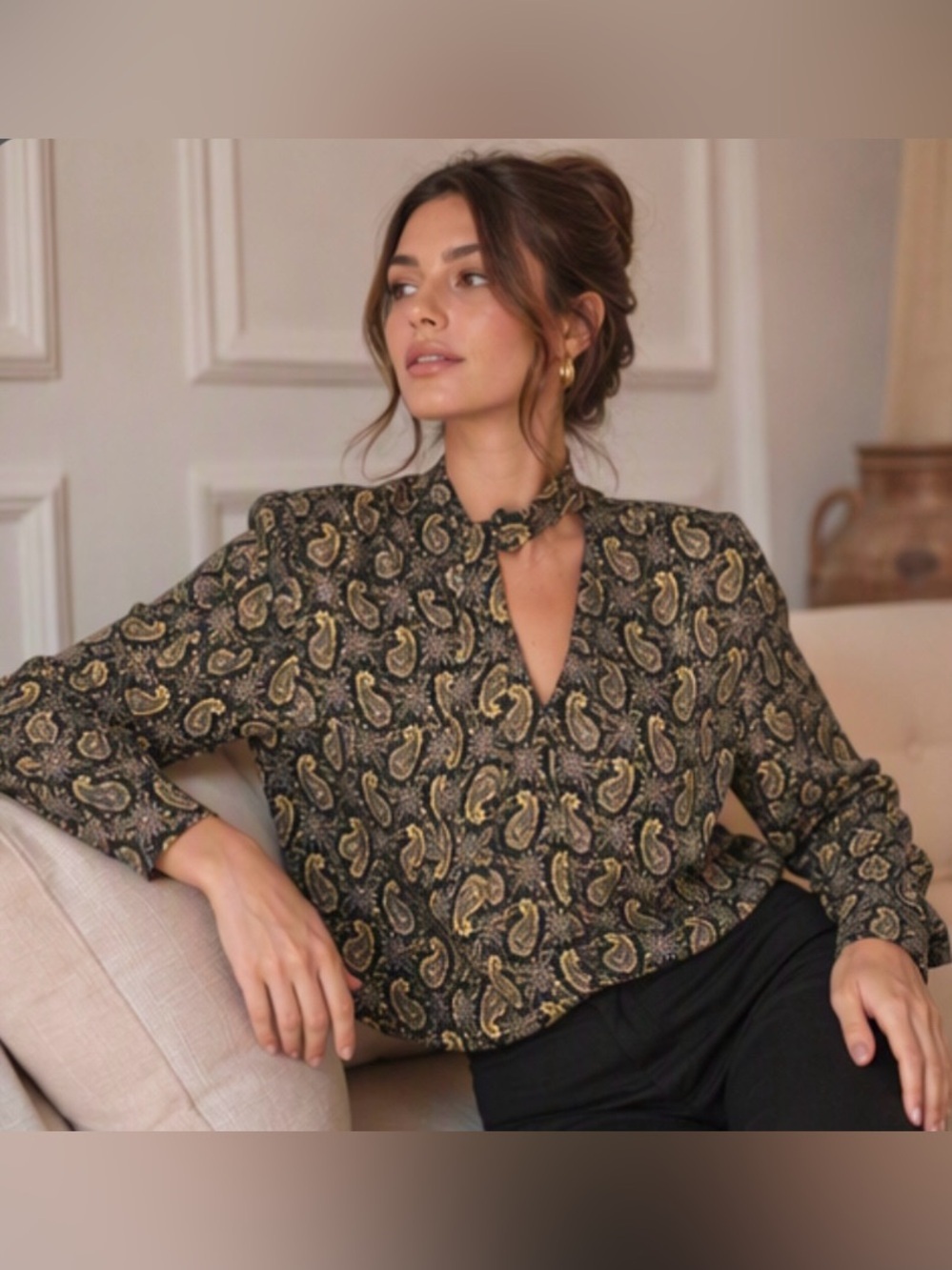 𝅺🌷 San Francisco🌷 100% Silk Paisley Blouse With Attached Scarf